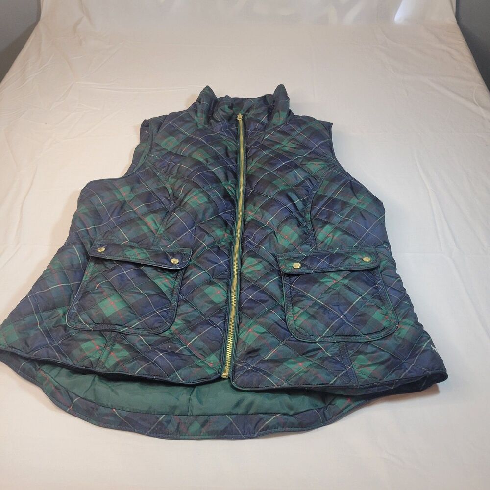 Crown & Ivy XL Puffer Vest Women Green Blue Plaid Quilted Full Zip Polyester